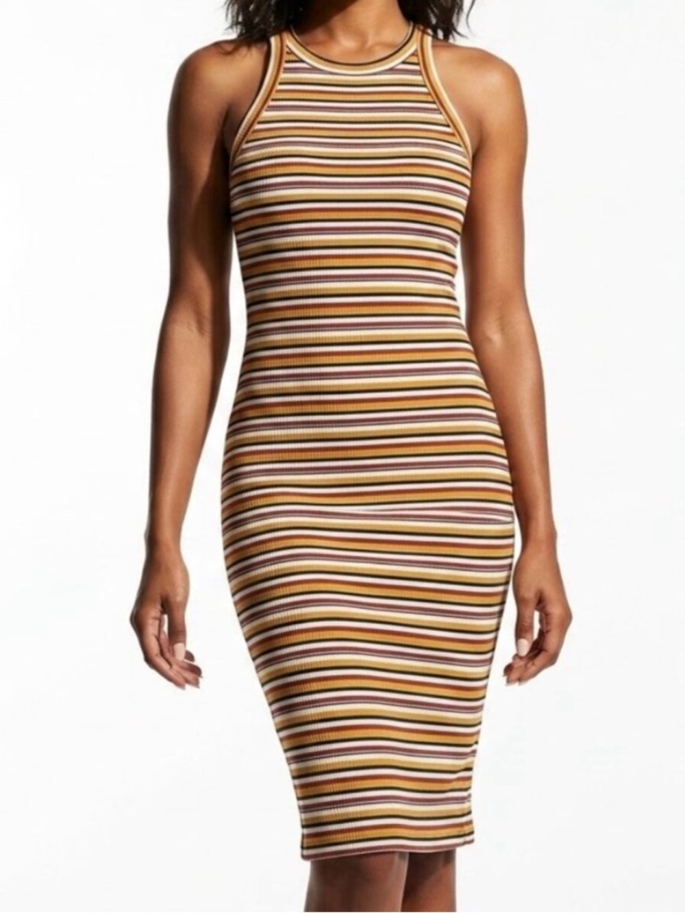 1. State Striped Ribbed Midi Skirt in Mustard, Burgundy, Cream & Black